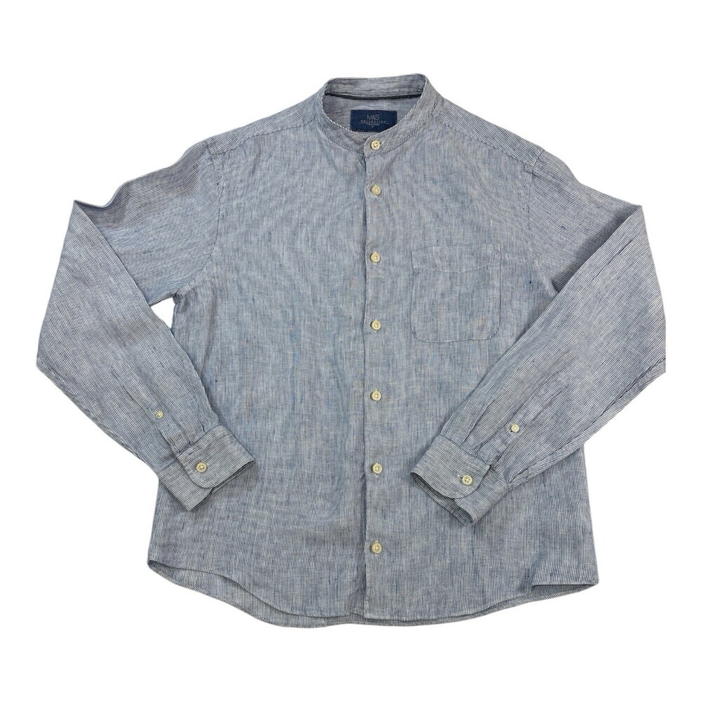 M&S Collection Men’s Linen Striped Chambray  Mock Collar Shirt Size S